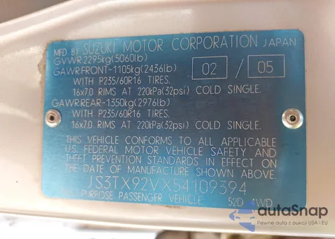 2005 Suzuki Xl-7 Ex/Lx z USA, uszkodzony, nr VIN JS3TX92VX54109394